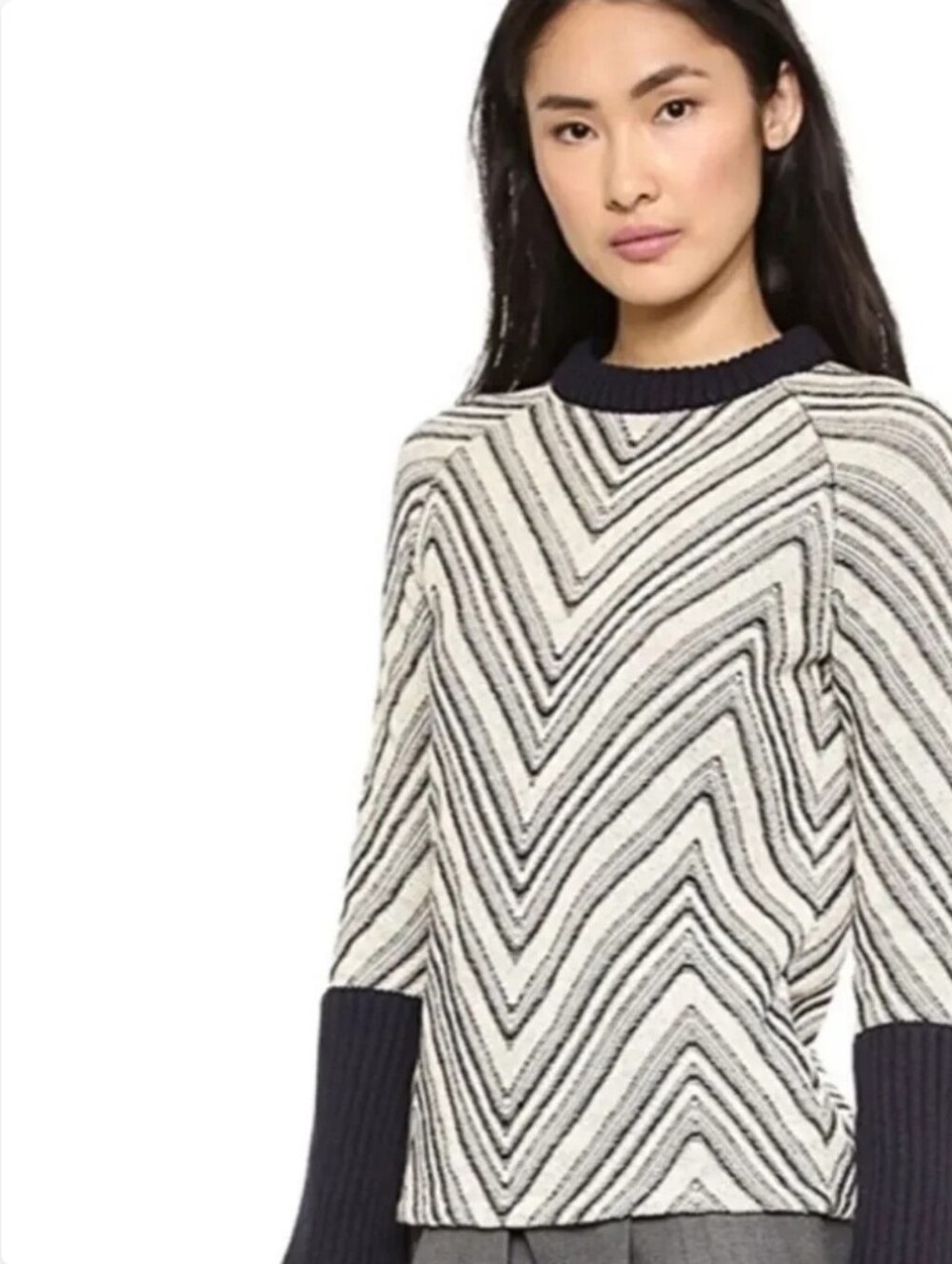 Tory Burch "Vivienne" chevron merino Knit Sweater - Ivory and Navy